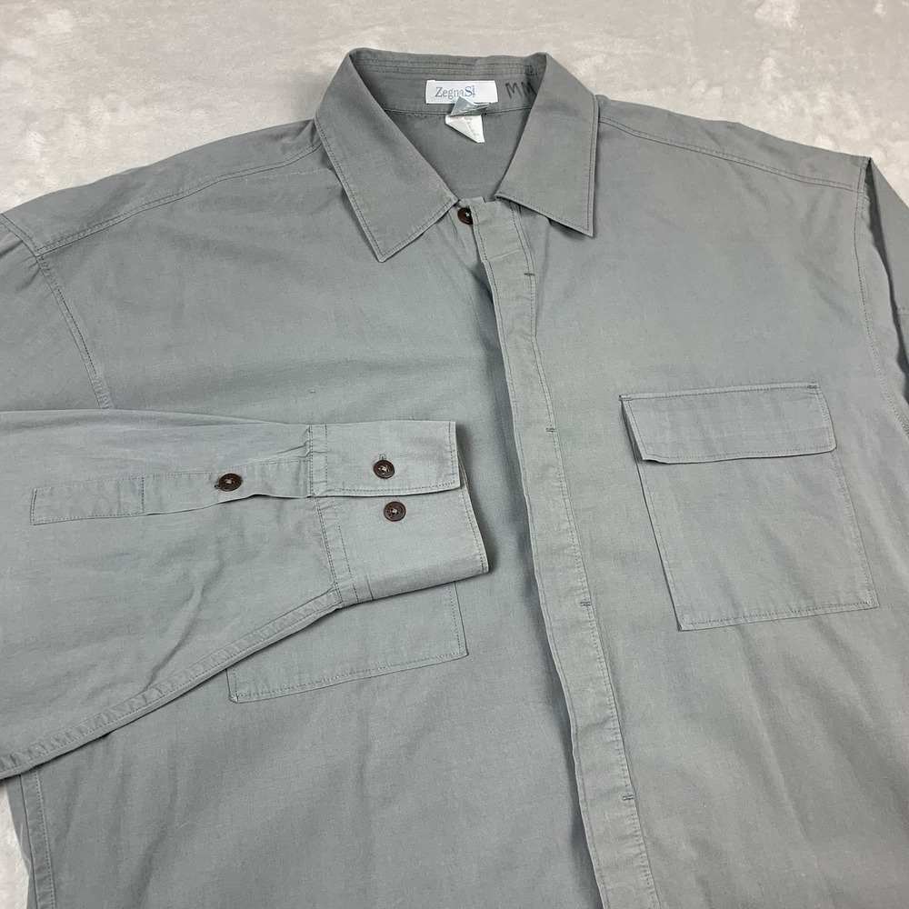 Zegna Sport Shirt Mens Large Gray Button Up Long Sleeve Hidden Buttons Pockets